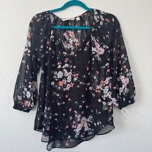 Lauren Conrad Black Floral Sheer Boho Peasant Blouse Women's Size S